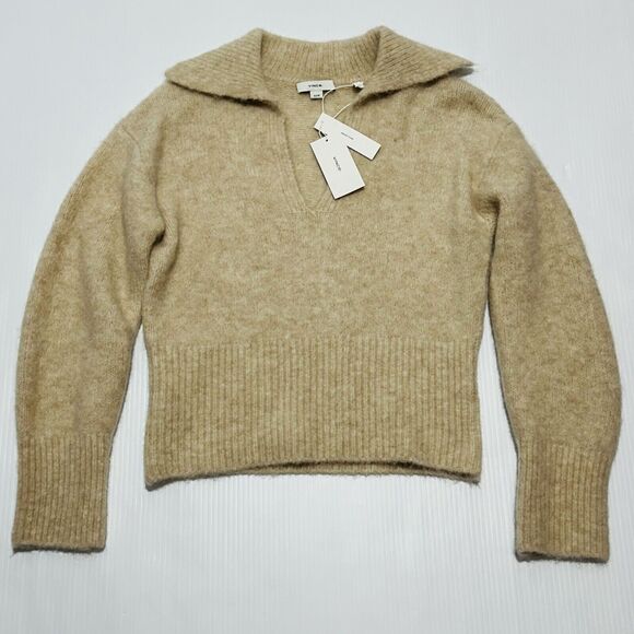 Vince Brushed Collared Sweater Beige XS Sand Dune Alpaca Stretch V-Neck NWT $395 - Picture 3 of 10